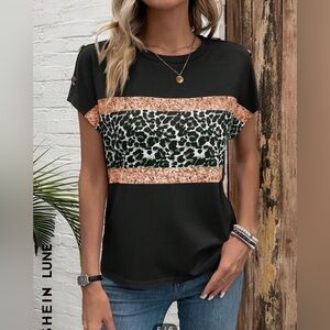 SHEIN LUNE Leopard Print Round Neck Batwing Short Sleeve Casual T-shirt